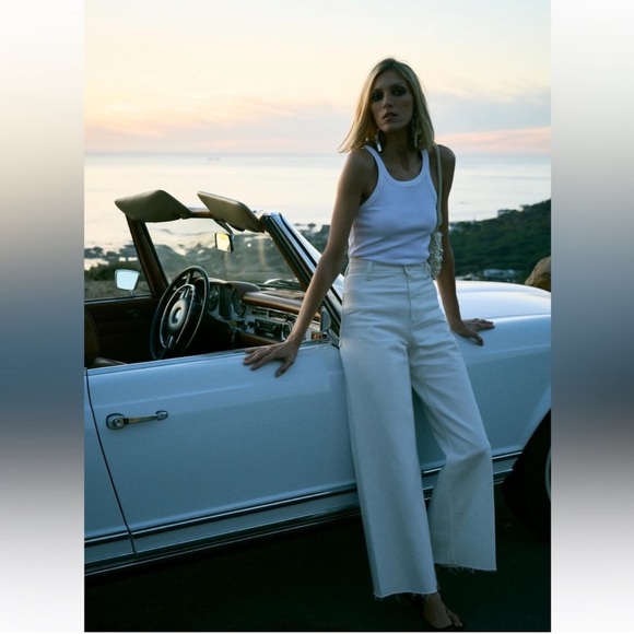 Zara The Marine Straight Wide Leg White High Waisted Jeans Sz 2 - Picture 10 of 11